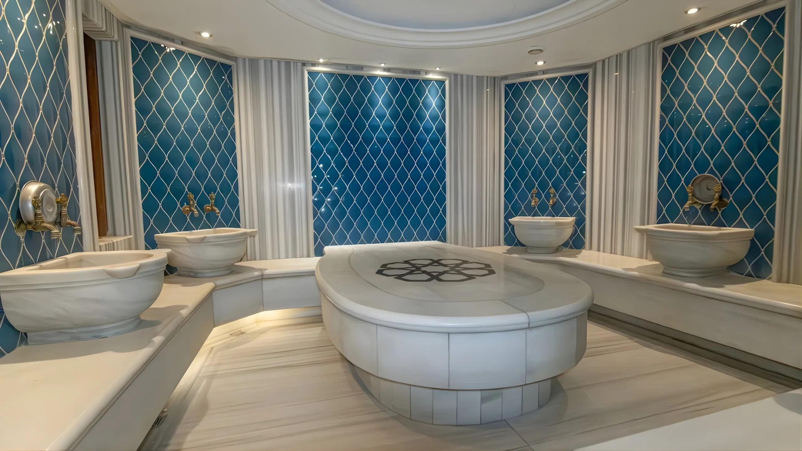 Interior of Anatolia Hammam featuring a private VIP Turkish bath room designed for couples and exclusive groups. Interior of Anatolia Hammam featuring a private VIP Turkish bath room designed for couples and exclusive groups.